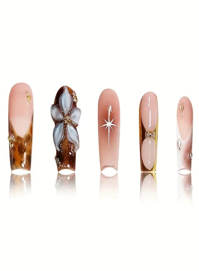 Foccna Tortoiseshell Press on Nails Long,Pearl Fake Nails Square Glossy False Nail Tips Artificial Nails for Women and Girls-24pcs,Gorgeous Nails - Image 4